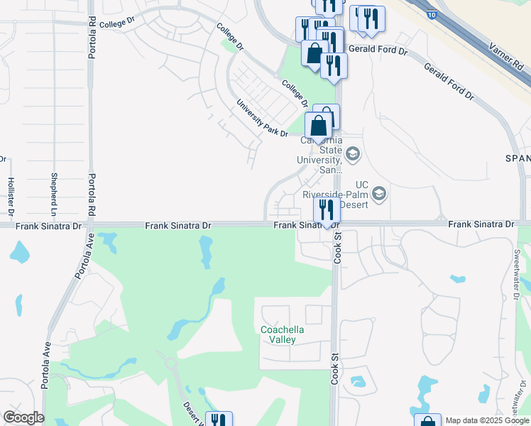 map of restaurants, bars, coffee shops, grocery stores, and more near 37690 College Drive in Palm Desert