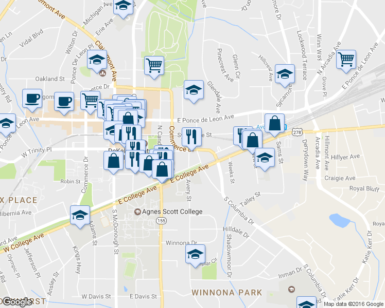 map of restaurants, bars, coffee shops, grocery stores, and more near 501 East Howard Avenue in Decatur