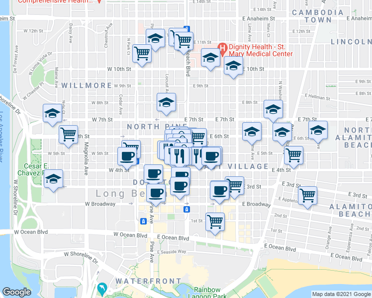 map of restaurants, bars, coffee shops, grocery stores, and more near 491 Long Beach Blvd in Long Beach