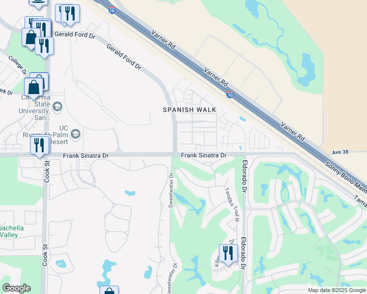 map of restaurants, bars, coffee shops, grocery stores, and more near 75625 Frank Sinatra Drive in Palm Desert