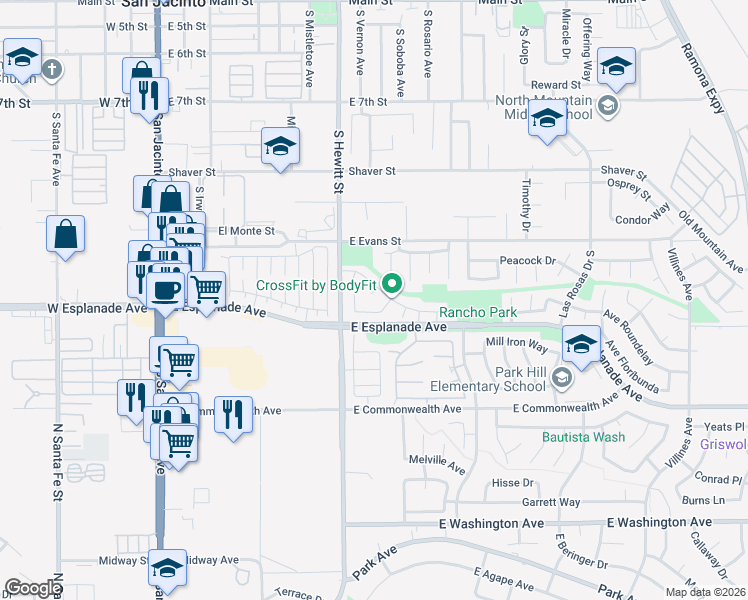 map of restaurants, bars, coffee shops, grocery stores, and more near 1781 Iris Circle in San Jacinto