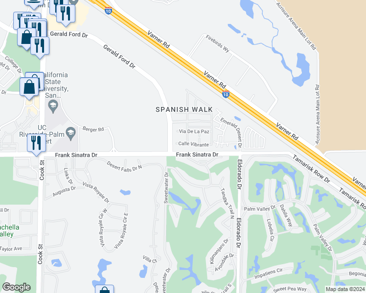 map of restaurants, bars, coffee shops, grocery stores, and more near 633 Calle Vibrante in Palm Desert