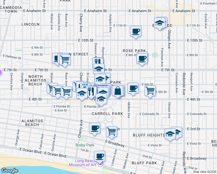 map of restaurants, bars, coffee shops, grocery stores, and more near 530 Junipero Avenue in Long Beach