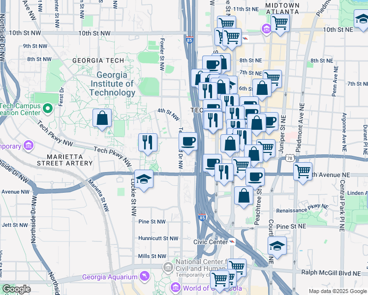 map of restaurants, bars, coffee shops, grocery stores, and more near 118 Bobby Dodd Way Northwest in Atlanta