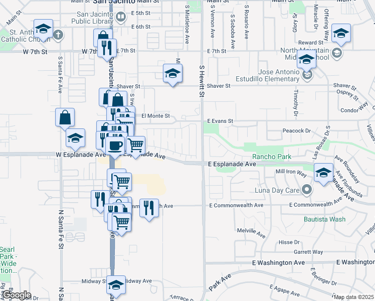map of restaurants, bars, coffee shops, grocery stores, and more near 1448 Congress Way in San Jacinto