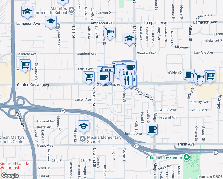 map of restaurants, bars, coffee shops, grocery stores, and more near 13101 Sunnybrook Circle in Garden Grove