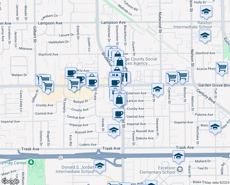 map of restaurants, bars, coffee shops, grocery stores, and more near 10130 Garden Grove Boulevard in Garden Grove