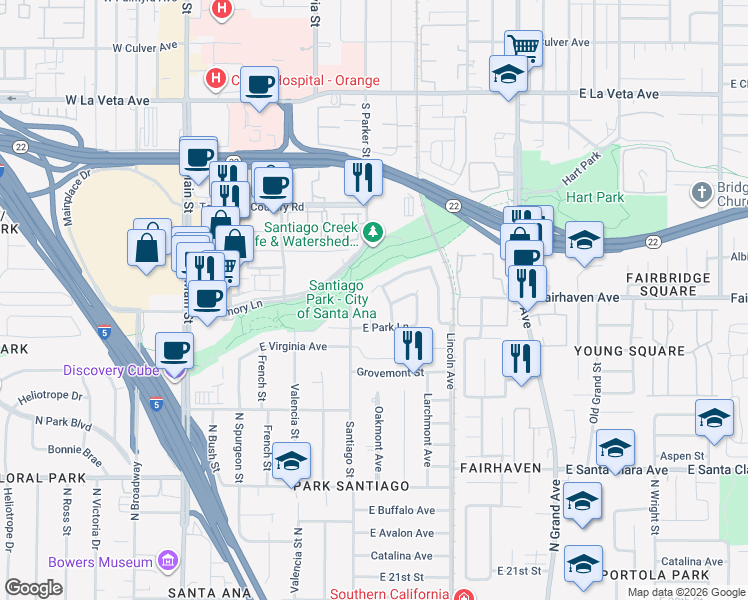 map of restaurants, bars, coffee shops, grocery stores, and more near 2626 Jessee Drive in Santa Ana