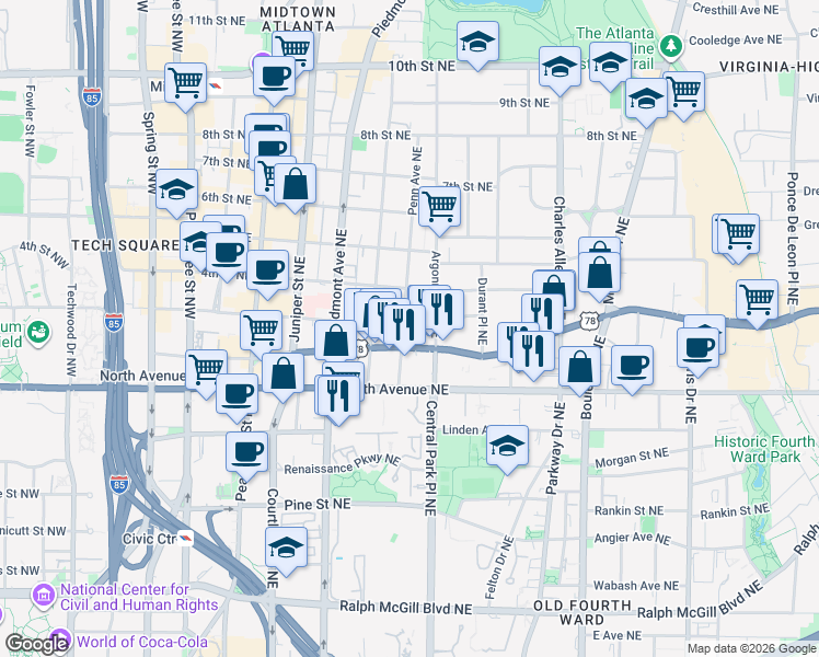 map of restaurants, bars, coffee shops, grocery stores, and more near 691 Penn Avenue Northeast in Atlanta