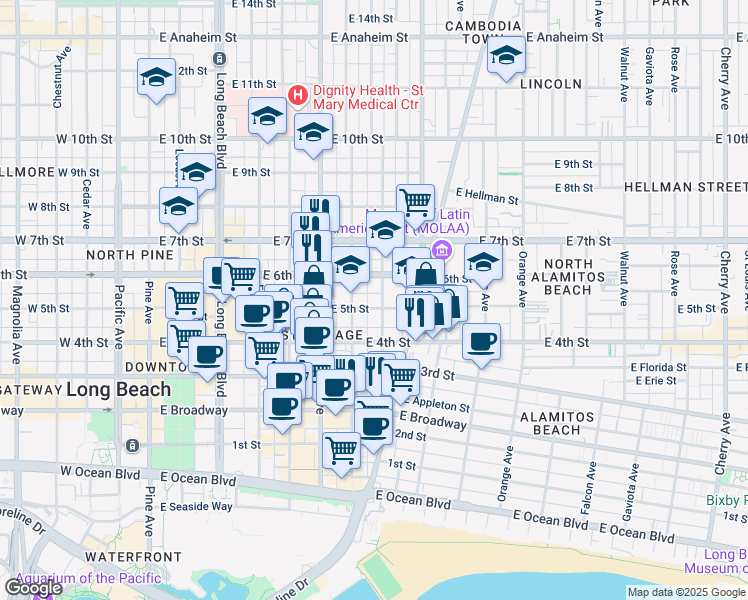 map of restaurants, bars, coffee shops, grocery stores, and more near 430 Lime Avenue in Long Beach