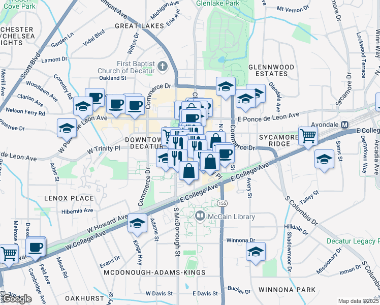 map of restaurants, bars, coffee shops, grocery stores, and more near 120 East Trinity Place in Decatur