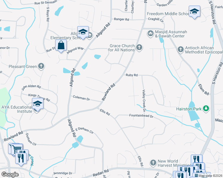 map of restaurants, bars, coffee shops, grocery stores, and more near 804 Rowland Road in Stone Mountain