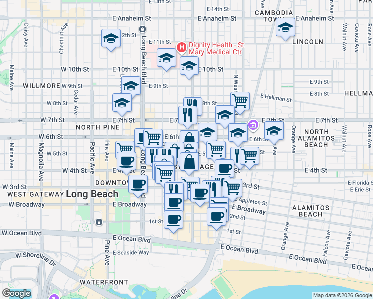 map of restaurants, bars, coffee shops, grocery stores, and more near 440 Atlantic Avenue in Long Beach