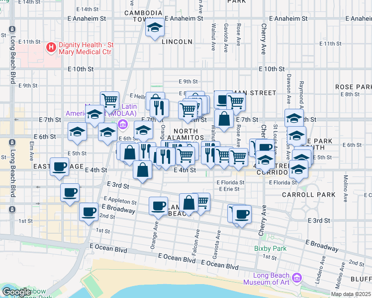 map of restaurants, bars, coffee shops, grocery stores, and more near 484 Almond Avenue in Long Beach