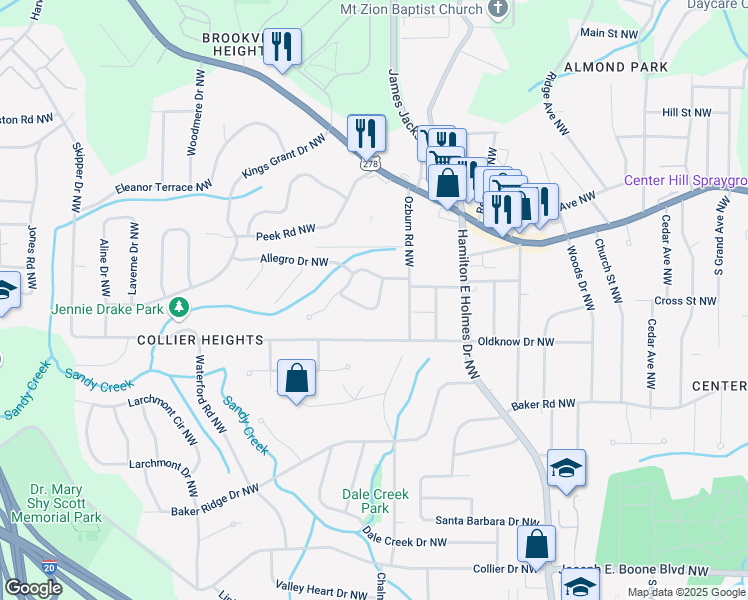 map of restaurants, bars, coffee shops, grocery stores, and more near 650 Lyric Way Northwest in Atlanta