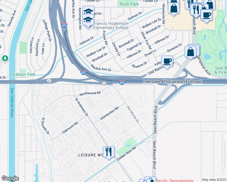 map of restaurants, bars, coffee shops, grocery stores, and more near 13061 Del Monte Drive in Seal Beach