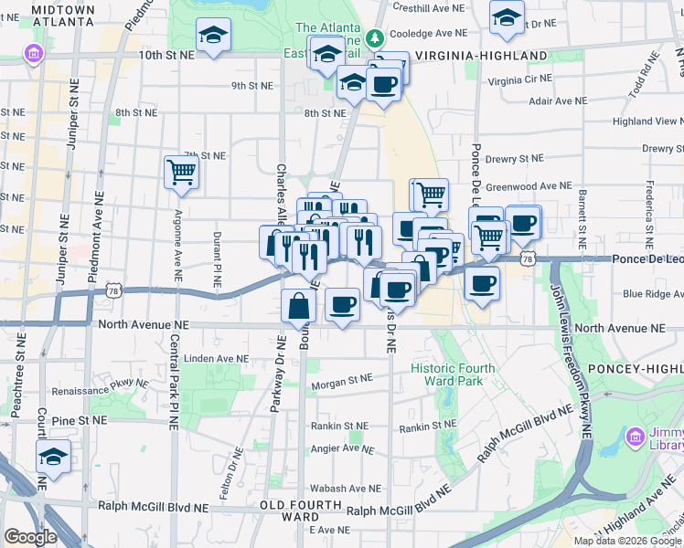 map of restaurants, bars, coffee shops, grocery stores, and more near in Atlanta