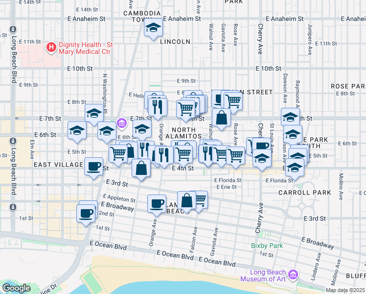 map of restaurants, bars, coffee shops, grocery stores, and more near 488 Almond Avenue in Long Beach