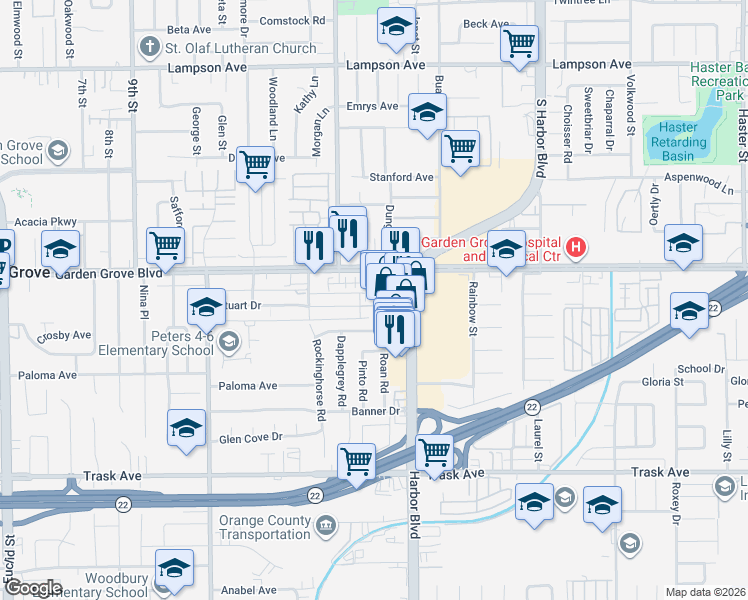 map of restaurants, bars, coffee shops, grocery stores, and more near 11861 Percheron Road in Garden Grove