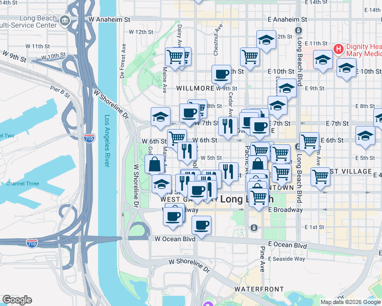 map of restaurants, bars, coffee shops, grocery stores, and more near 505 West 5th Street in Long Beach