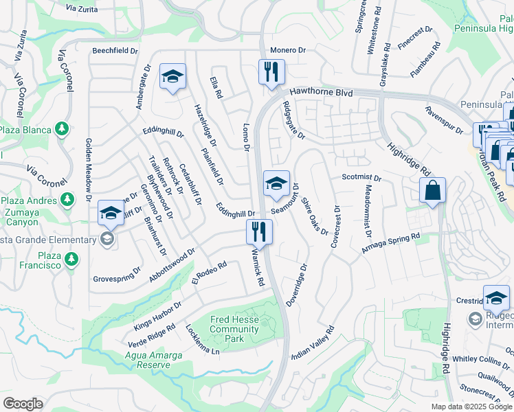 map of restaurants, bars, coffee shops, grocery stores, and more near 28740 Lomo Drive in Rancho Palos Verdes