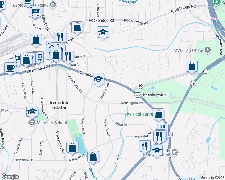 map of restaurants, bars, coffee shops, grocery stores, and more near 3182 Kensington Road in Avondale Estates