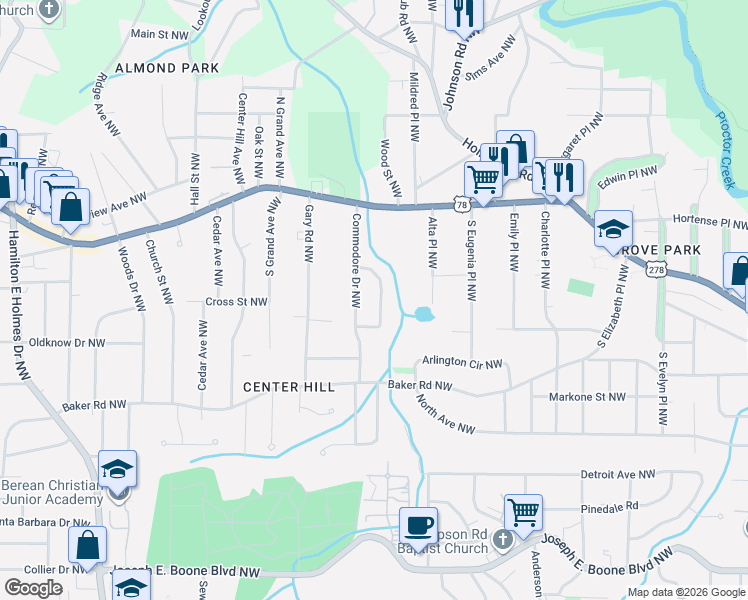 map of restaurants, bars, coffee shops, grocery stores, and more near 728 Ayrshire Circle Northwest in Atlanta