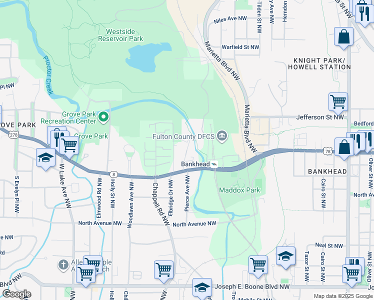 map of restaurants, bars, coffee shops, grocery stores, and more near 689 Elbridge Drive Northwest in Atlanta