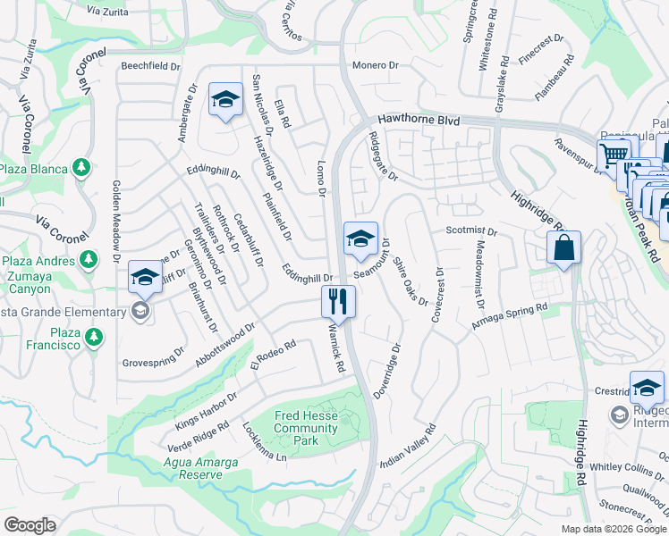 map of restaurants, bars, coffee shops, grocery stores, and more near 28740 Lomo Drive in Rancho Palos Verdes