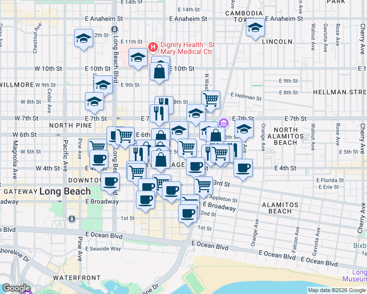 map of restaurants, bars, coffee shops, grocery stores, and more near 715 East 5th Street in Long Beach