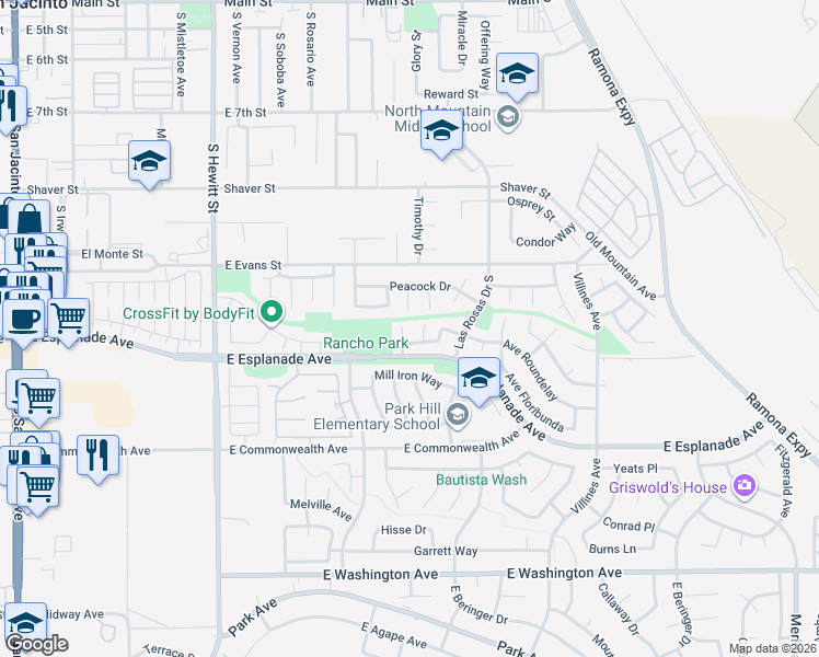 map of restaurants, bars, coffee shops, grocery stores, and more near 1423 Vanessa Drive in San Jacinto