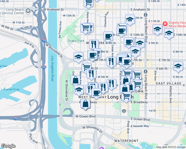 map of restaurants, bars, coffee shops, grocery stores, and more near 505 West 5th Street in Long Beach