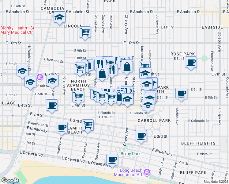 map of restaurants, bars, coffee shops, grocery stores, and more near 1821 East 5th Street in Long Beach