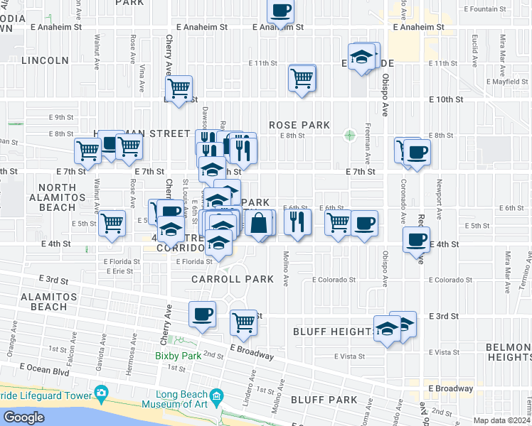 map of restaurants, bars, coffee shops, grocery stores, and more near 2514 East 6th Street in Long Beach