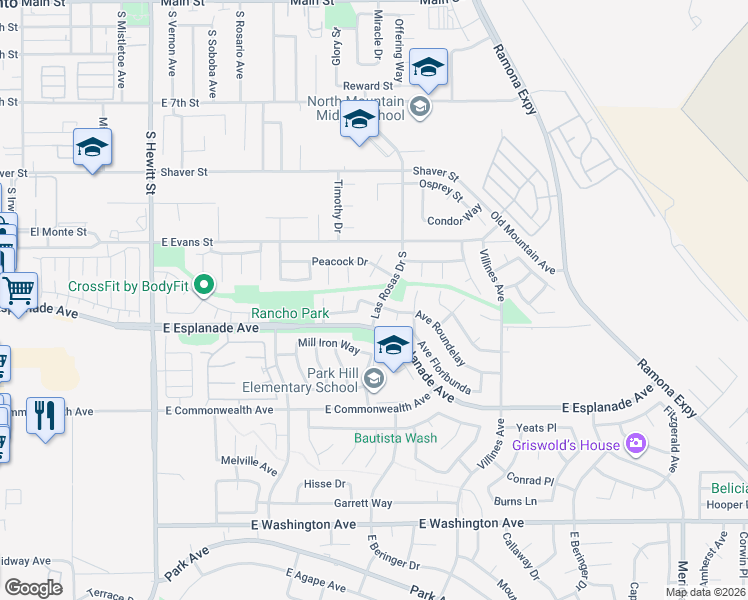map of restaurants, bars, coffee shops, grocery stores, and more near 1438 Las Rosas Drive South in San Jacinto