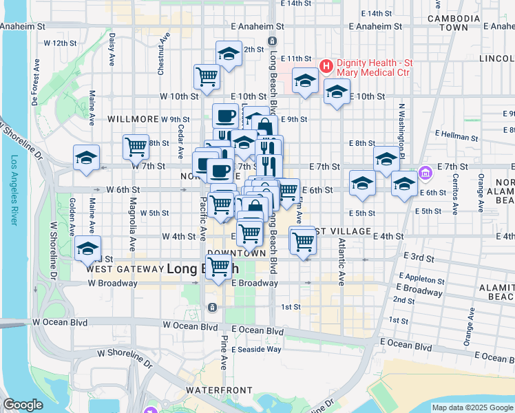 map of restaurants, bars, coffee shops, grocery stores, and more near 151 East 6th Street in Long Beach