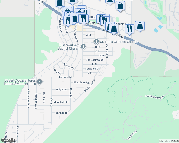 map of restaurants, bars, coffee shops, grocery stores, and more near 68548 Iroquois Street in Cathedral City