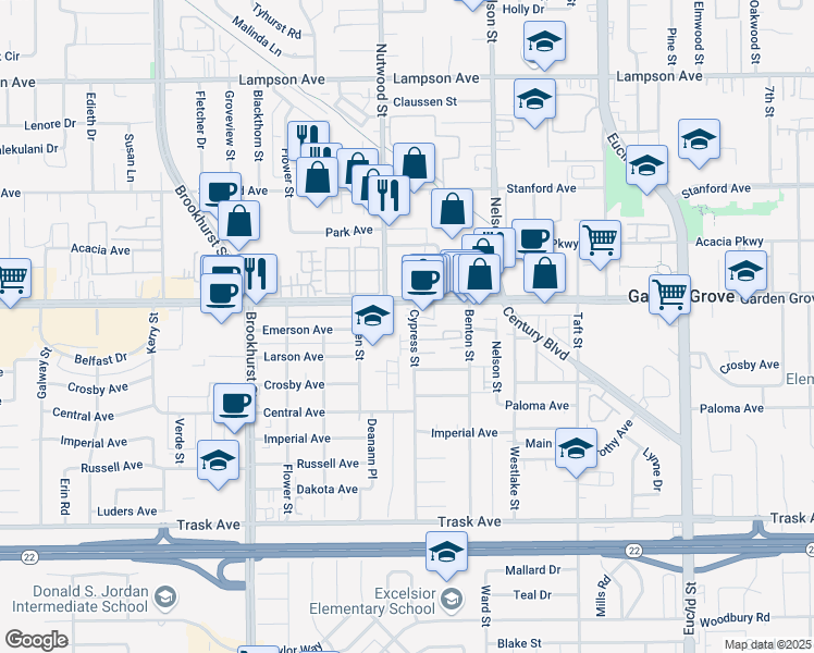 map of restaurants, bars, coffee shops, grocery stores, and more near 10502 Garden Grove Boulevard in Garden Grove