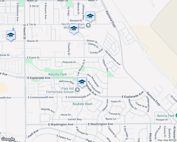 map of restaurants, bars, coffee shops, grocery stores, and more near 1355 Avenue Garnette in San Jacinto