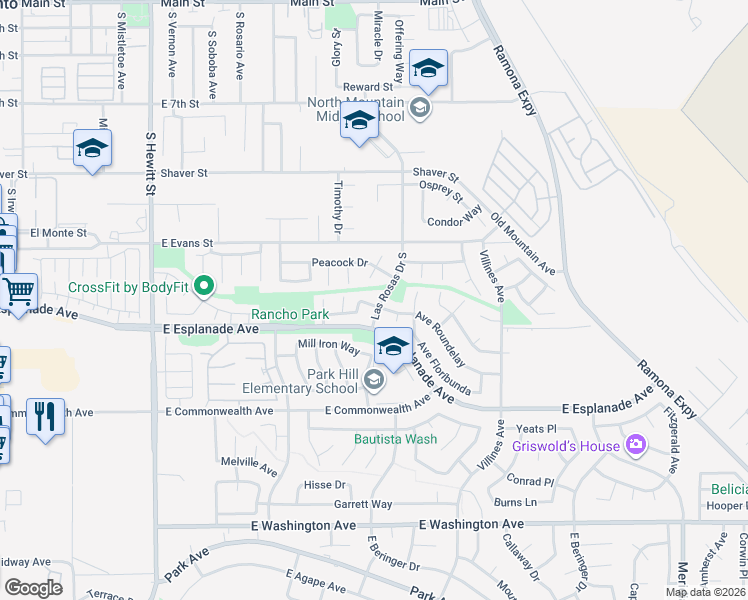 map of restaurants, bars, coffee shops, grocery stores, and more near 1438 Las Rosas Drive South in San Jacinto