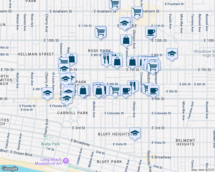 map of restaurants, bars, coffee shops, grocery stores, and more near 550 Temple Avenue in Long Beach