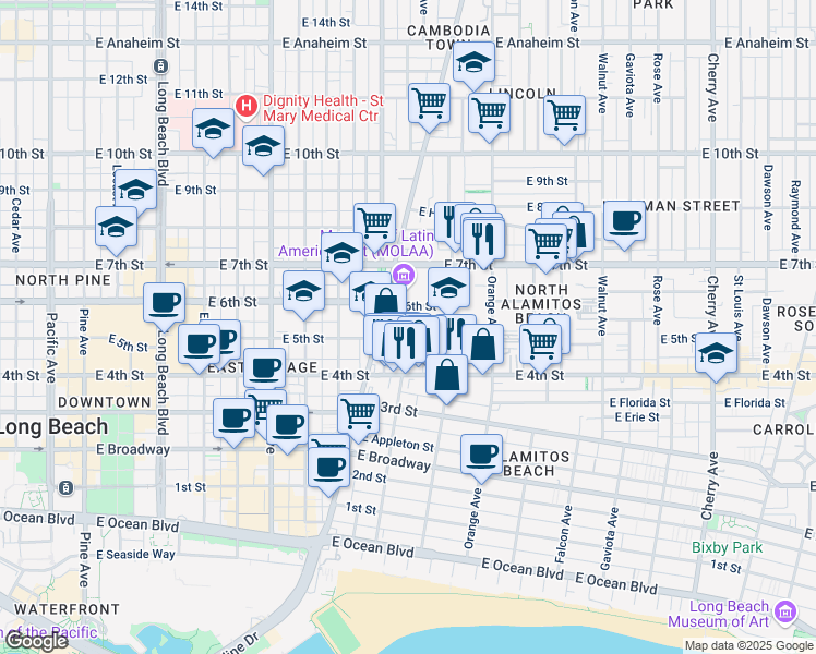 map of restaurants, bars, coffee shops, grocery stores, and more near 963 East 5th Street in Long Beach