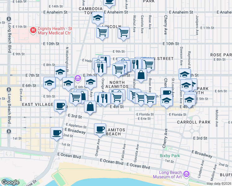 map of restaurants, bars, coffee shops, grocery stores, and more near 484 Almond Avenue in Long Beach