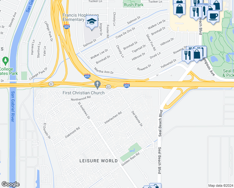 map of restaurants, bars, coffee shops, grocery stores, and more near 13061 Del Monte Drive in Seal Beach