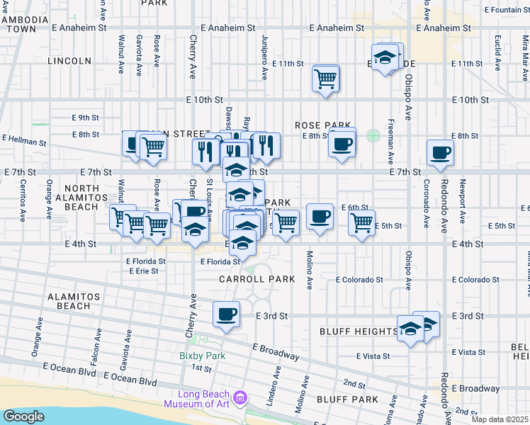 map of restaurants, bars, coffee shops, grocery stores, and more near 2320 East 6th Street in Long Beach