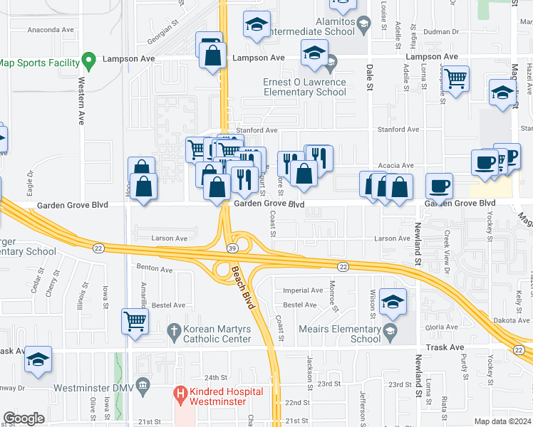 map of restaurants, bars, coffee shops, grocery stores, and more near 8132 Garden Grove Boulevard in Garden Grove