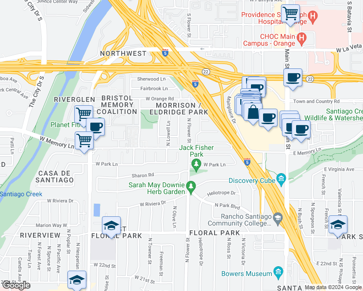 map of restaurants, bars, coffee shops, grocery stores, and more near 2733 North Flower Street in Santa Ana