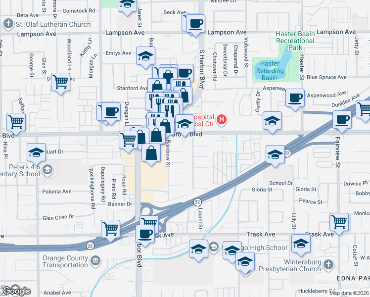 map of restaurants, bars, coffee shops, grocery stores, and more near 12382 Garden Grove Boulevard in Garden Grove