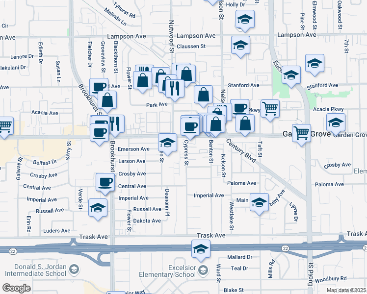 map of restaurants, bars, coffee shops, grocery stores, and more near 10502 Garden Grove Boulevard in Garden Grove
