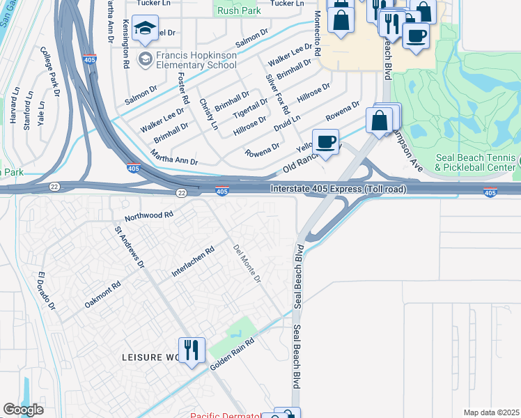 map of restaurants, bars, coffee shops, grocery stores, and more near 35 North Gate Road in Seal Beach